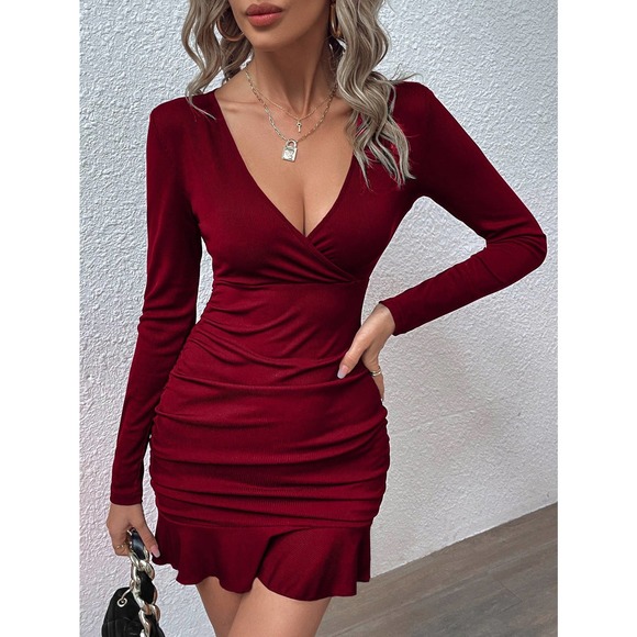 Long sleeve Surplice v Neck Ruched Ruffle Hem Bodycon Dress - Picture 5 of 8
